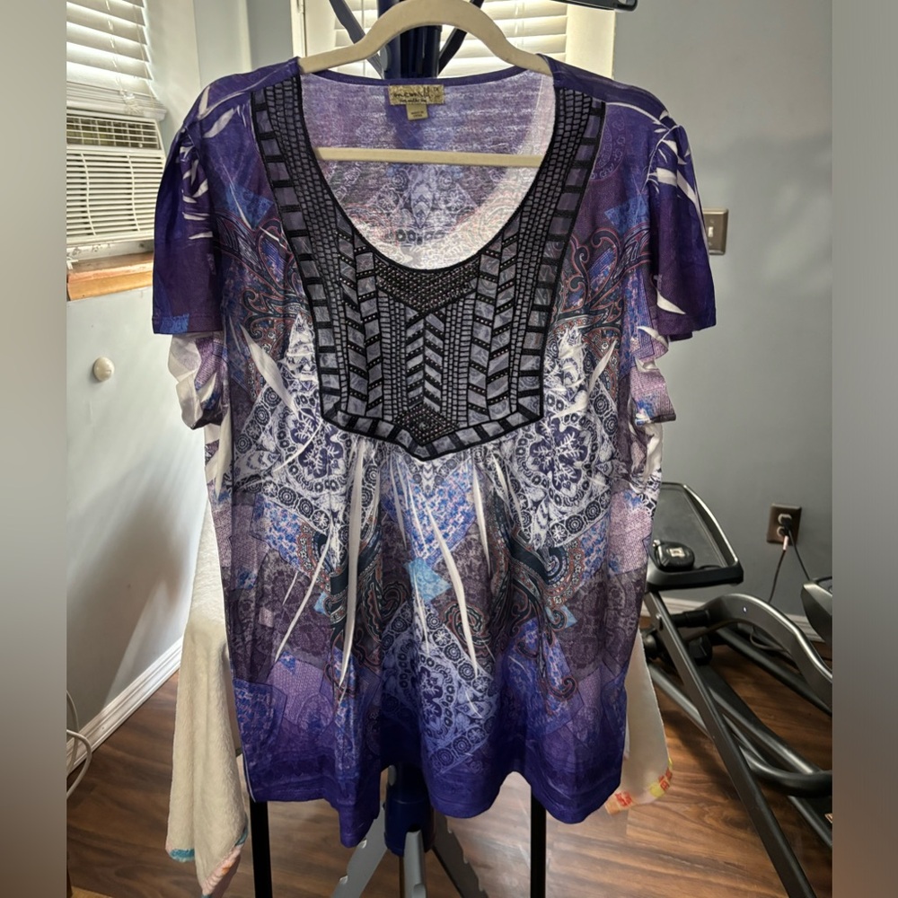 One World Purple Sublimated Print Blouse 1X